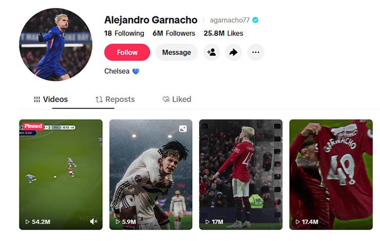 Kênh Tiktok của Garnacho không còn hình ảnh của anh trong màu áo Chelsea