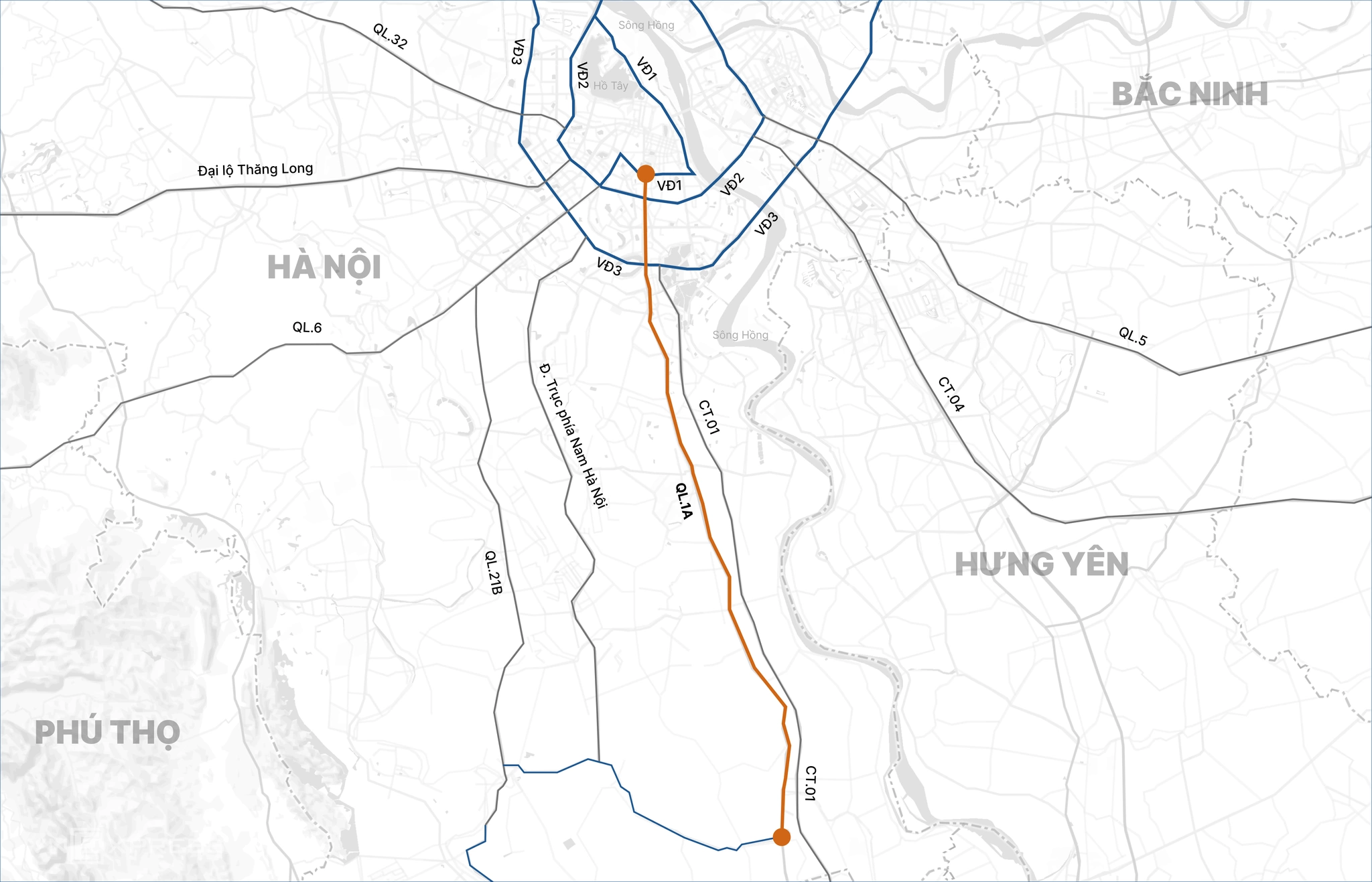 Quốc lộ 1 qua Hà Nội (màu cam) sẽ được mở rộng lên 90 m. Đồ họa: Tâm Thảo