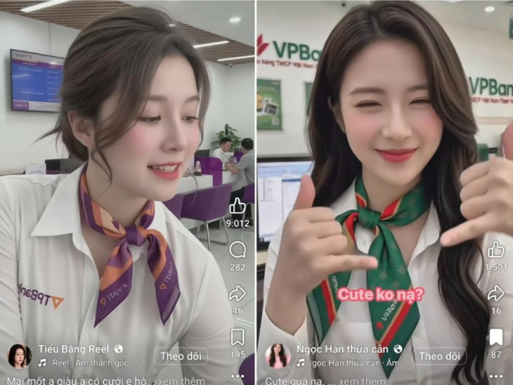 Những video AI nữ nhân viên ngân hàng xinh đẹp, hát hay và nhảy giỏi đang lan truyền mạnh mẽ trên Facebook, TikTok… thu hút hàng vạn lượt xem và yêu thích (Ảnh chụp màn hình)