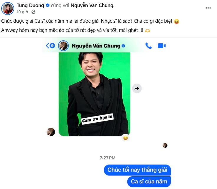 Ca sĩ Tùng Dương đăng ảnh "trêu đùa" bạn thân trước thềm công bố Giải cống hiến