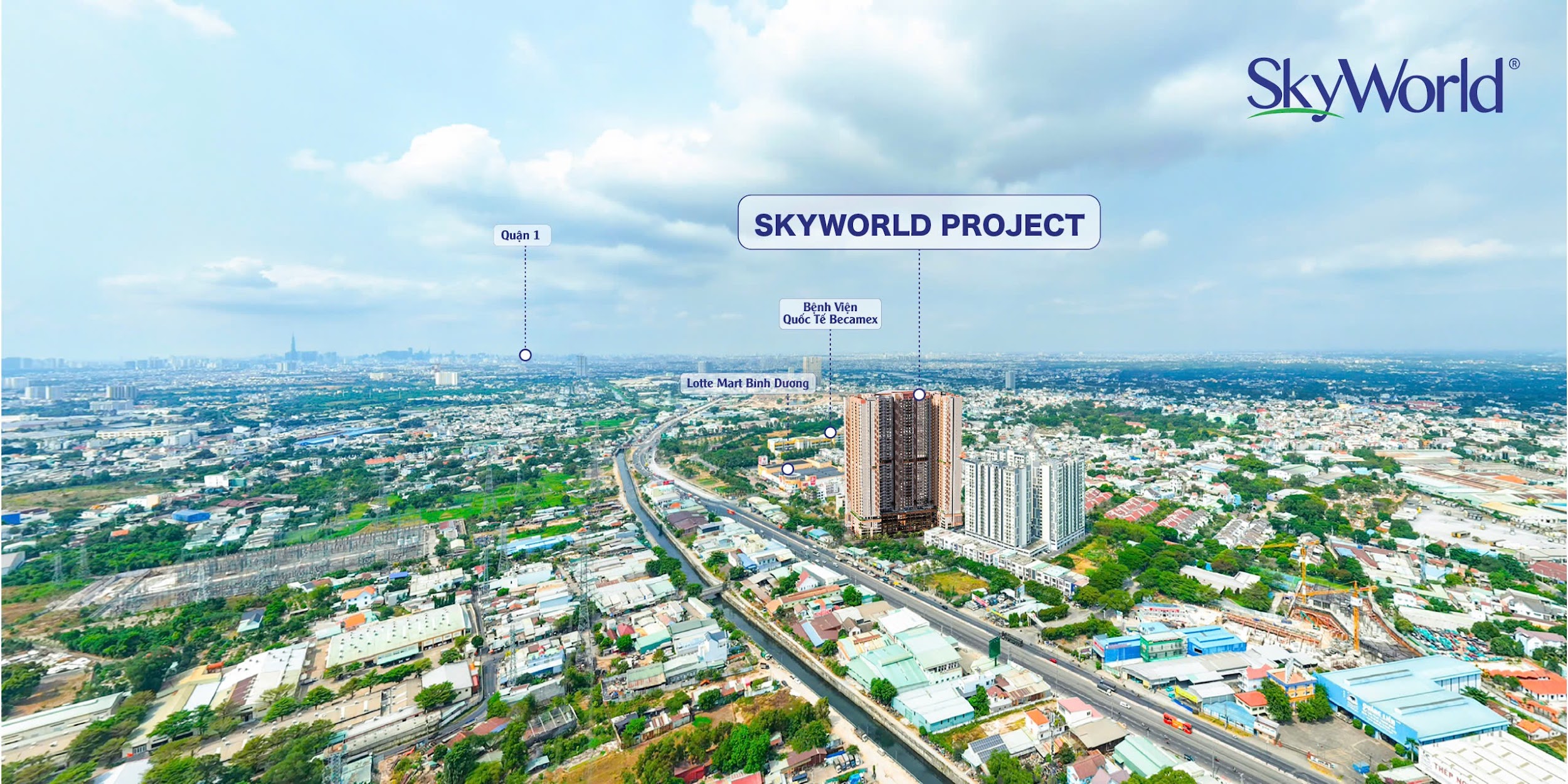 Dự án SkyWorld nằm trên trục Quốc lộ 13 thuộc phường Lái Thiêu, TP.HCM thừa hưởng hệ tiện ích ngoại khu đủ đầy.