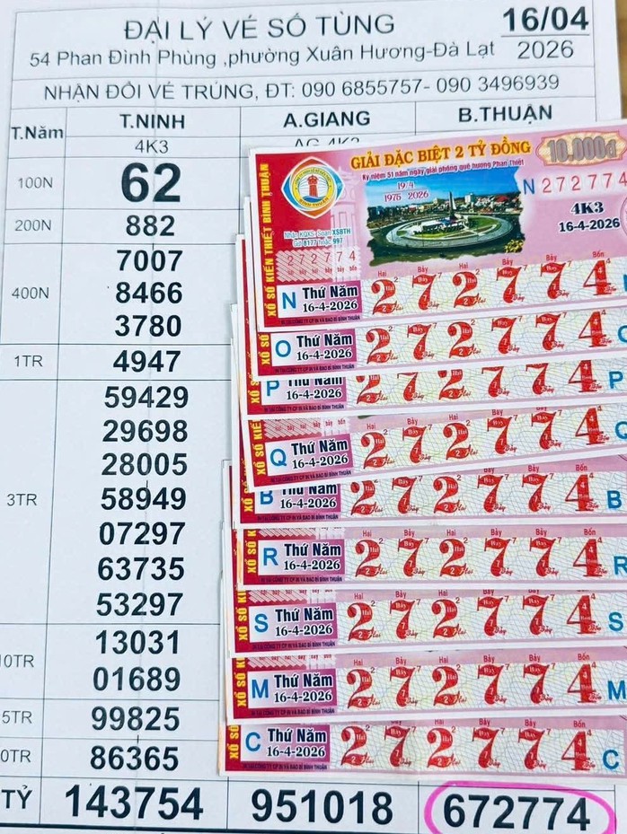 Giải an ủi của vé số Bình Thuận trúng tại tỉnh Lâm Đồng. Ảnh: ĐLVS Tùng