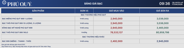 Giá bạc hôm nay 17/4: Bảng giá bạc Phú Qúy.
