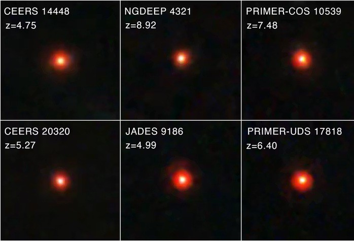 Những chấm đỏ nhỏ có thể là những lỗ đen siêu khối lượng thuộc về một vũ trụ khác đã mất - Ảnh: NASA/ESA/CSA