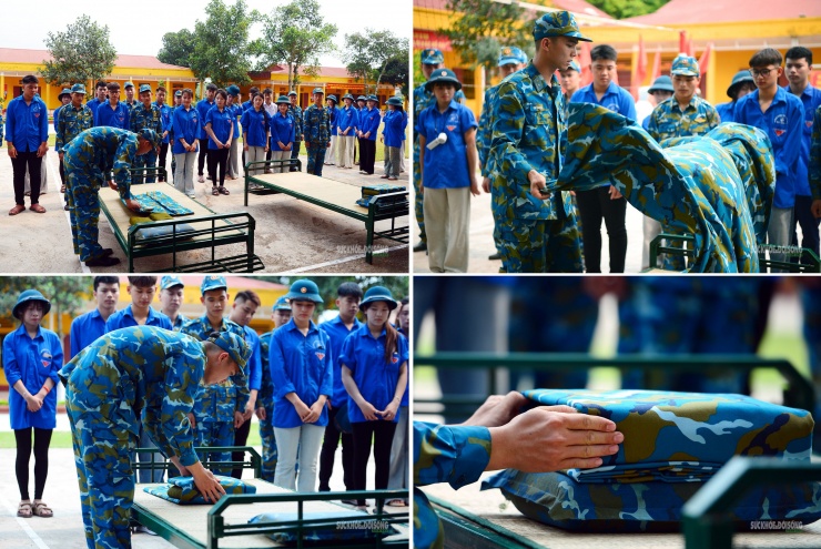 Học sinh lớp 12 trải nghiệm nội dung gấp chăn màn dưới sự hướng dẫn của chiến sĩ Tiểu đoàn 124, Trung đoàn 284, Sư đoàn 365.