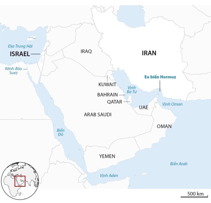 Vị trí Iran và eo biển Hormuz. Đồ họa: Guardian
