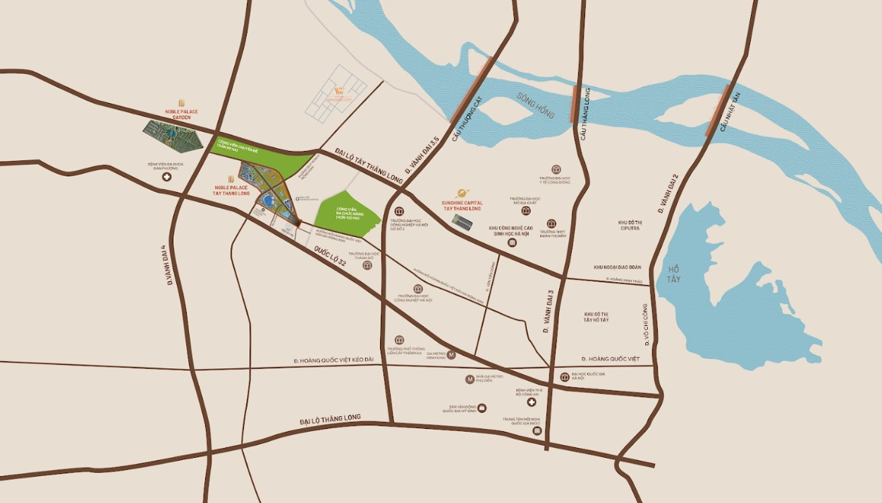 Công viên chuyên đề có 2 mặt tiếp giáp đại lộ Tây Thăng Long, vành đai 4 và một mặt giáp Noble Palace Tay Thang Long WorldHotels Residences
