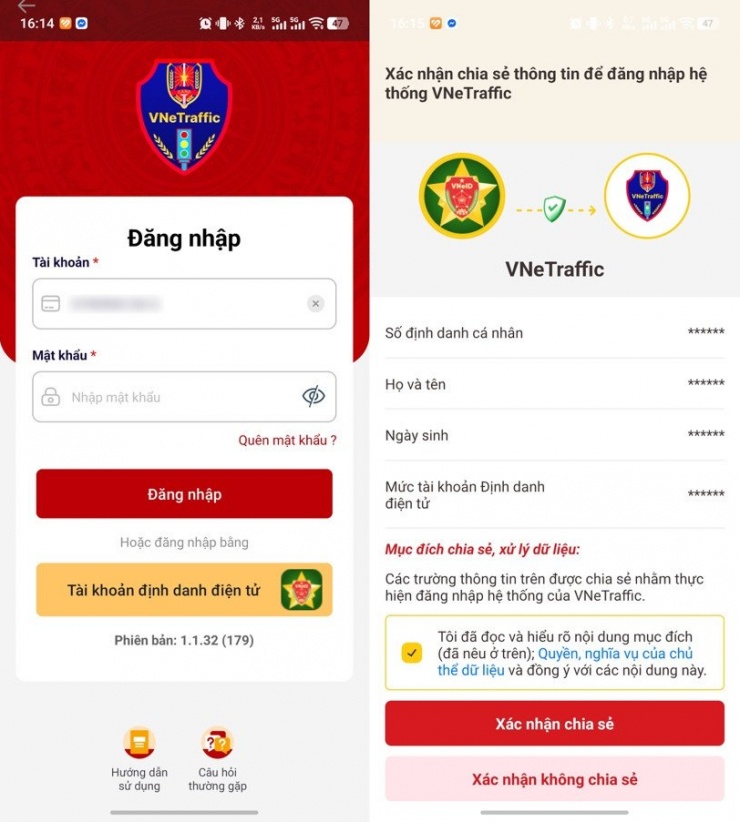 Đăng nhập ứng dụng VNeTraffic. Ảnh chụp màn hình