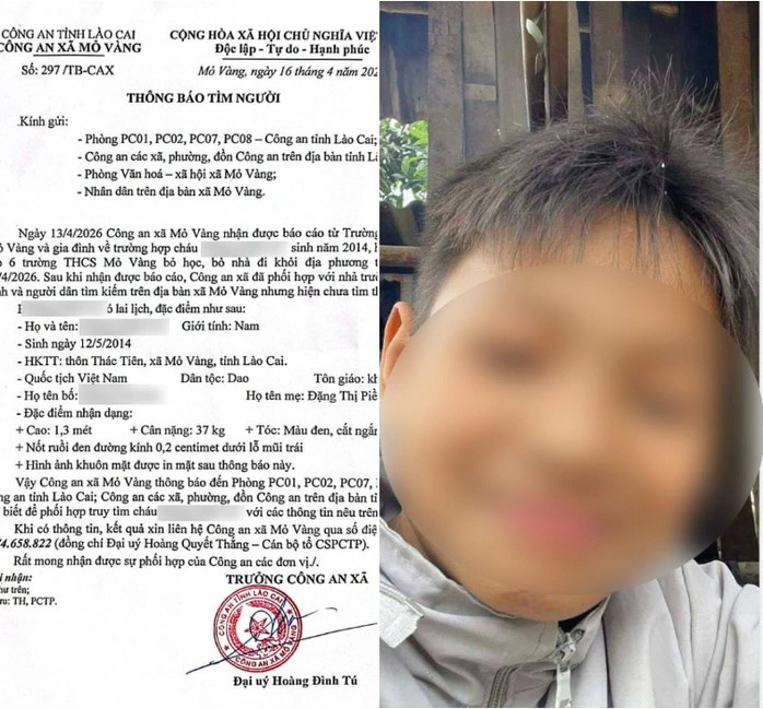 Thông báo tìm người của Công an xã Mỏ Vàng.