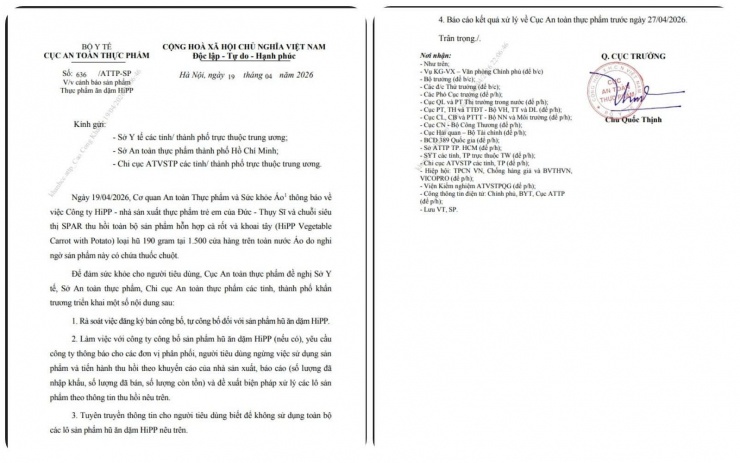 Cục An toàn thực phẩm (Bộ Y tế) yêu cầu rà soát sản phẩm thức ăn dặm HiPP trên toàn quốc vì nghi chứa thuốc chuột- .