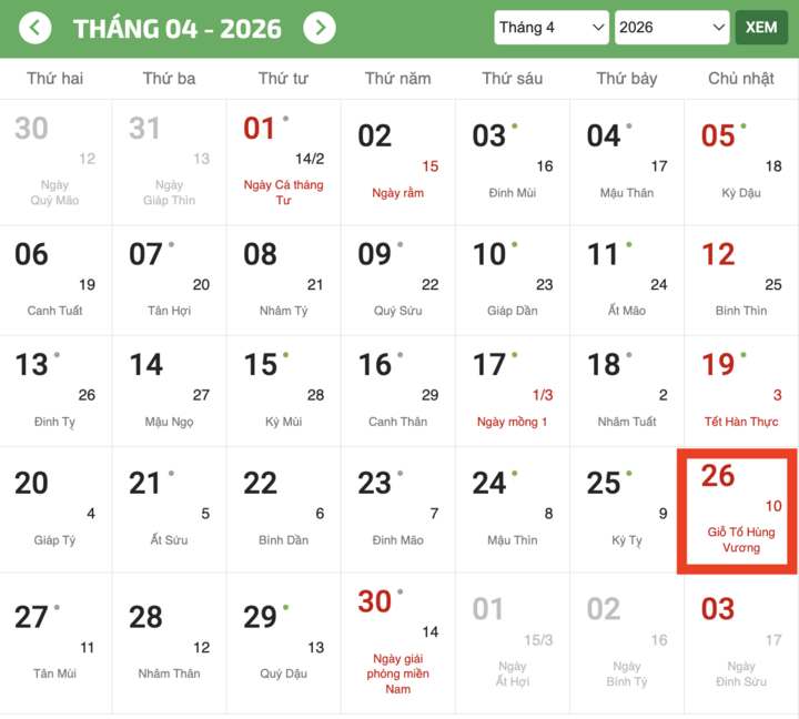Ngày Giỗ tổ Hùng Vương (tức ngày 10/3 âm lịch) sẽ rơi vào Chủ nhật, ngày 26/4/2026 dương lịch.