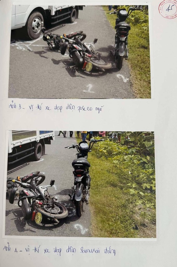 Vị trí xe đạp của nữ sinh khi xảy ra tai nạn. Ảnh: Nguyễn Văn Quynh