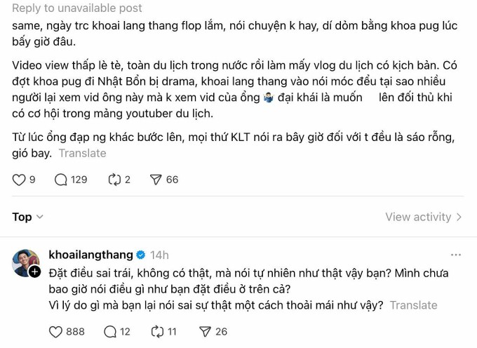 Bài đăng cho rằng Khoai Lang Thang từng "móc đểu" Khoa Pug trong quá khứ. Ảnh: Chụp màn hình