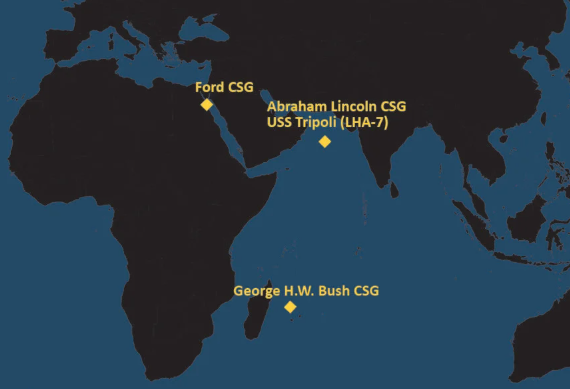 Vị trí ba nhóm tác chiến tàu sân bay Mỹ (CSG) đang hướng đến Trung Đông tính đến ngày 20/4. Đồ họa: USNI News