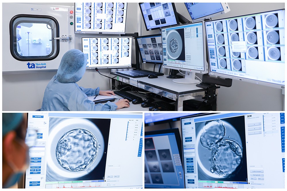 Hệ thống nuôi cấy phôi trang bị camera quan sát liên tục tích hợp AI tại IVF Tâm Anh giúp chuyên viên phôi học quan sát, đánh giá từng thay đổi nhỏ của phôi qua màn hình máy tính, chọn phôi tốt nhất chuyển vào tử cung, tăng tỷ lệ thành công. Ảnh: IVF Tâm Anh.