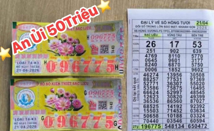 Giải an ủi của vé số Bạc Liêu trúng tại tỉnh Đồng Tháp. Ảnh: ĐLVS Hồng Tươi