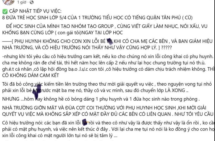 Bài đăng của phụ huynh về sự việc sau khi không nhận được cách giải quyết thỏa đáng từ nhà trường