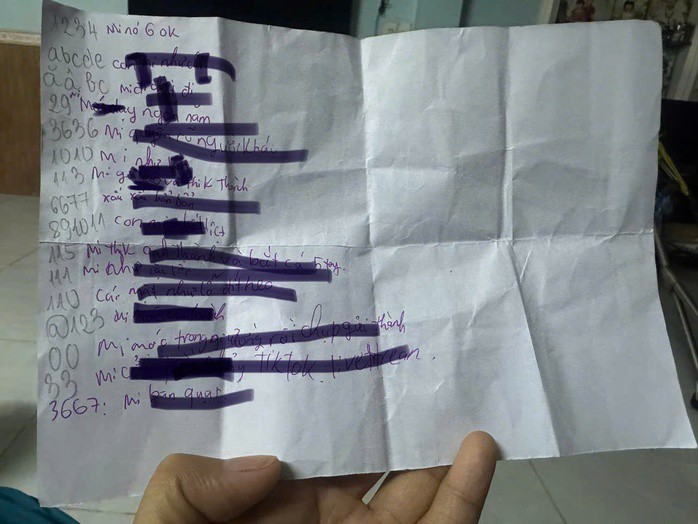 Nội dung tờ giấy với những ngôn từ không phù hợp của nhóm học sinh lớp 5/4 (Đã che những từ ngữ không phù hợp)