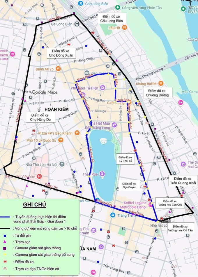 Vạch màu xanh là các tuyến đường dự kiến thí điểm vùng phát thải thấp từ 1/7. Nguồn: Theo dự thảo đề án