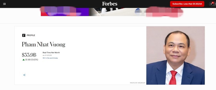 Ông Phạm Nhật Vượng xếp thứ 67 trong danh sách tỷ phú giàu nhất thế giới. (Ảnh chụp màn hình)