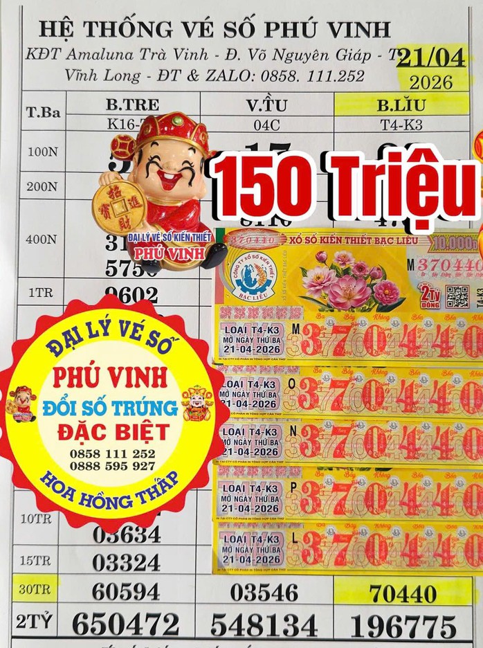 Giải nhất của vé số Bạc Liêu trúng tại tỉnh Vĩnh Long. Ảnh: ĐLVS Phú Vinh