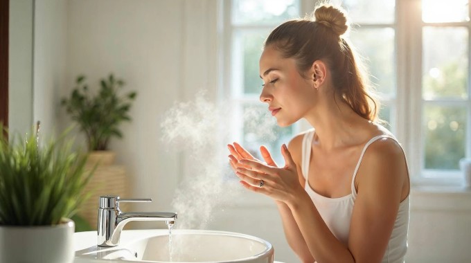 Chỉ nên rửa mặt hai lần vào buổi sáng và tối, dùng nước mát và sữa rửa mặt dịu nhẹ, ít tạo bọt.