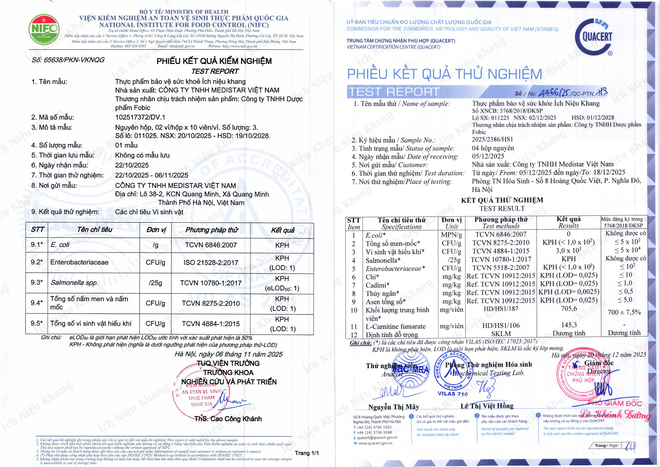 Tất cả các lô được kiểm nghiệm độc lập tại các cơ quan uy tín của Bộ y tế