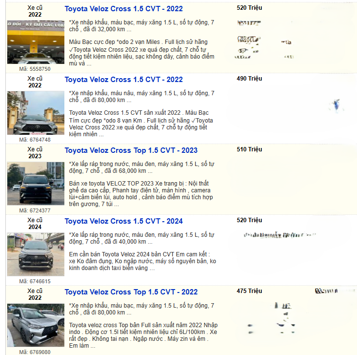 Một số tin rao bán xe Toyota Veloz Cross.