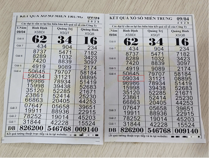 Kết quả xổ số hiển thị sai với dãy số 59034 (bên trái) trong khi kết quả đúng (phải) là 09034. Ảnh: Báo Thanh Niên