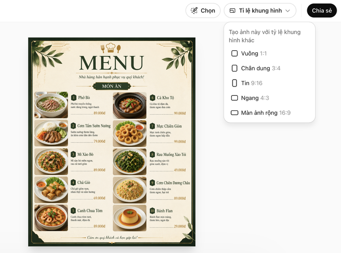 Tạo một menu nhà hàng bằng tiếng Việt bởi ChatGPT