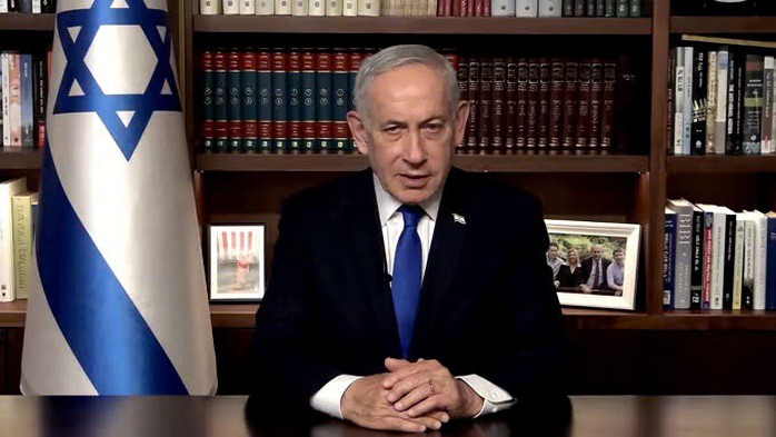 Thủ tướng Israel Benjamin Netanyahu phát biểu qua một video ngày 16-4. Ảnh: GPO.