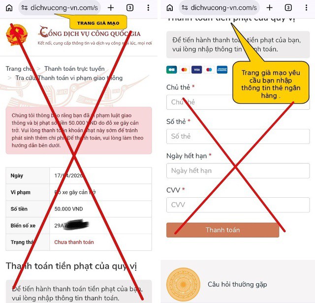 Trang web giả mạo Cổng Dịch vụ dịch vụ công Quốc gia. Ảnh: Công an TP Hà Nội.