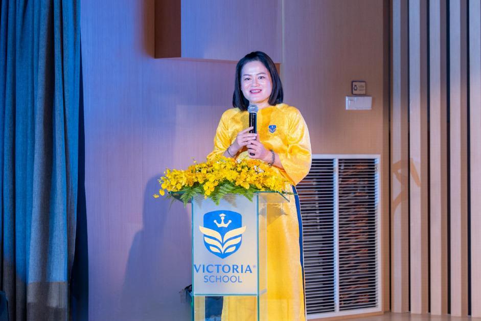 Bà Lê Nguyễn Trung Nguyên, Tổng giám đốc Hệ thống Giáo dục Victoria School, chia sẻ tại lễ ký kết