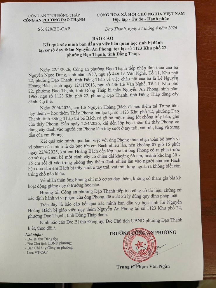 Kết quả xác minh của công an phường về vụ thầy dạy thêm đánh học sinh.