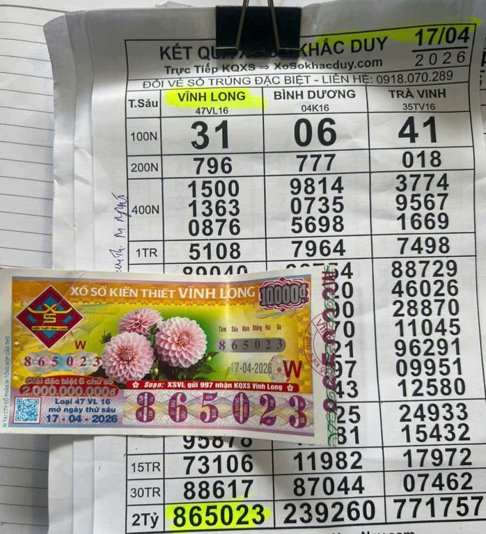 Giải độc đắc của vé số Vĩnh Long mở thưởng ngày 17-4 nhưng đến nay chỉ mộ lộ diện một khách hàng duy nhất trúng 1 vé. Ảnh: ĐLVS Khắc Duy