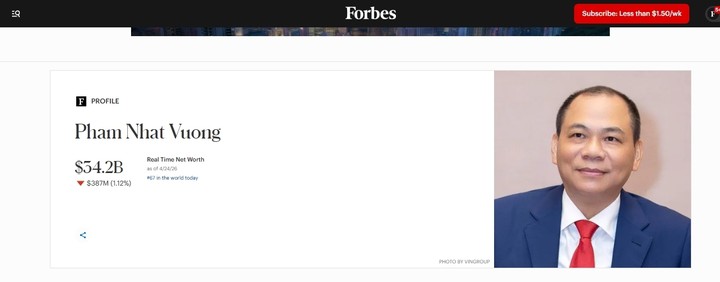 Ông Phạm Nhật Vượng đang sở hữu 34,2 tỷ USD. (Ảnh chụp màn hình)