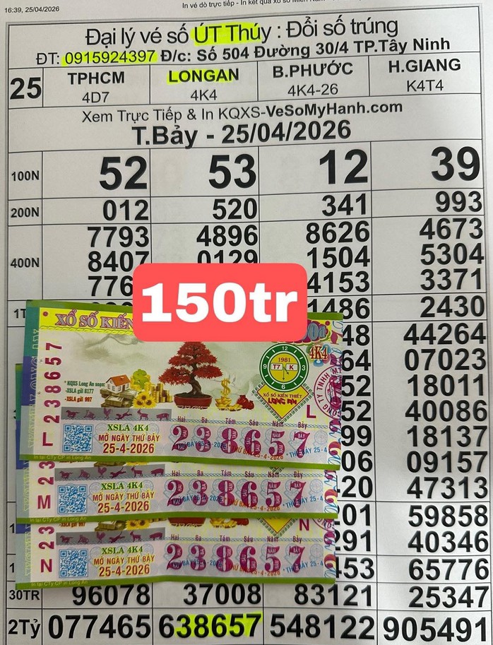 Giải độc đắc và giải an ủi của vé số Long An trúng tại tỉnh Tây Ninh. Ảnh: ĐLVS Lan Hùng Tú, Tô Thanh, Út Thúy