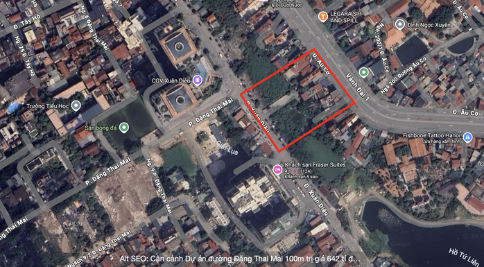 Dự án đầu tư xây dựng đường Đặng Thai Mai kéo dài có điểm đầu giao với đường Xuân Diệu, điểm cuối giao với đường Âu Cơ. Trong ảnh là vị trí tuyến đường trên Google maps.