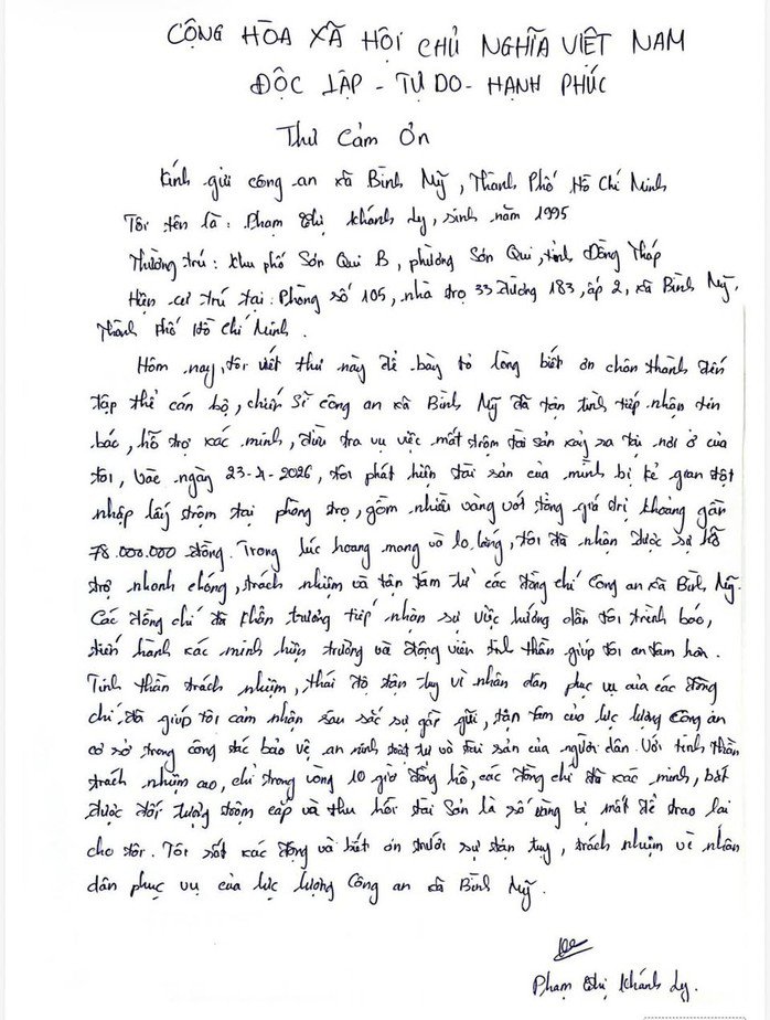 Thư cảm ơn của chị Ly gửi công an vì đã giúp chị thu hồi tài sản bị trộm