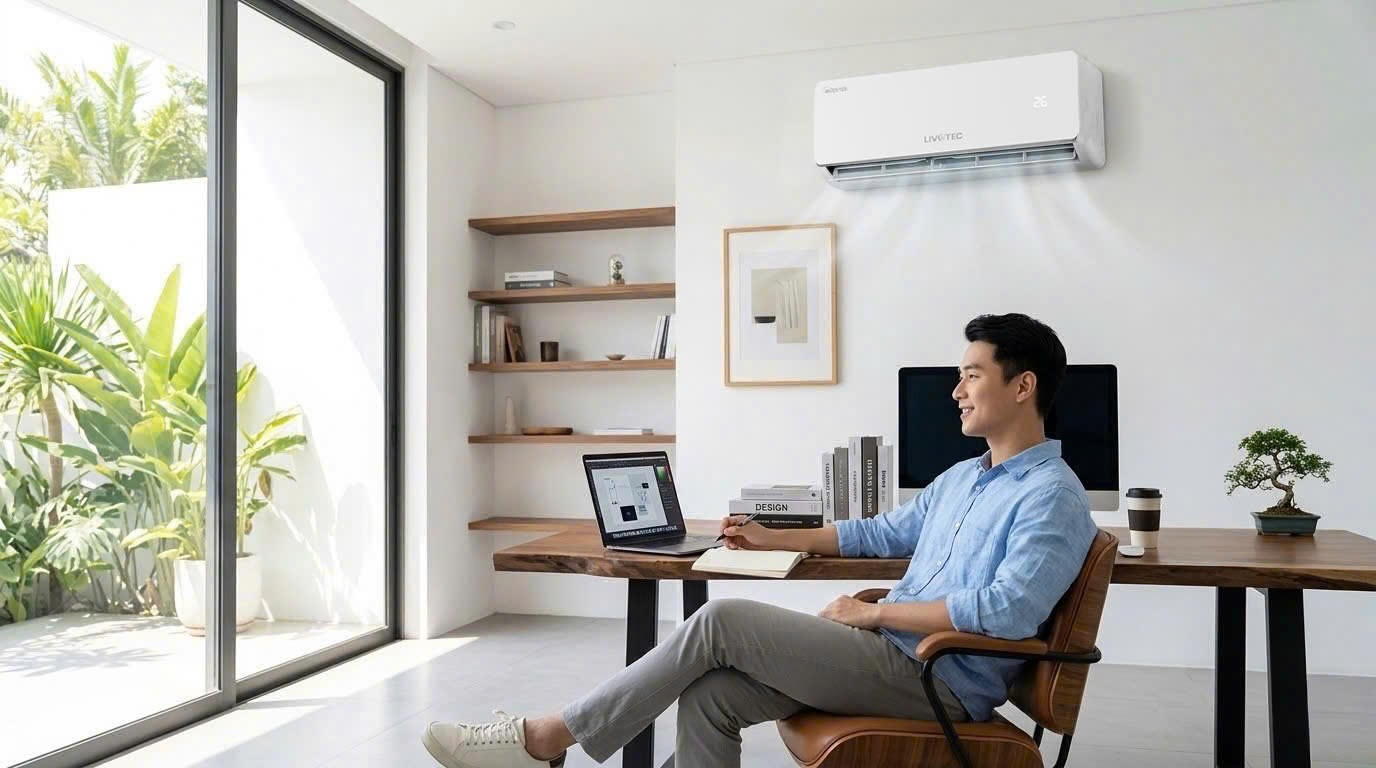 Anh Quốc Bảo vui vẻ tận hưởng làn gió mát lành, êm ái trong không gian làm việc