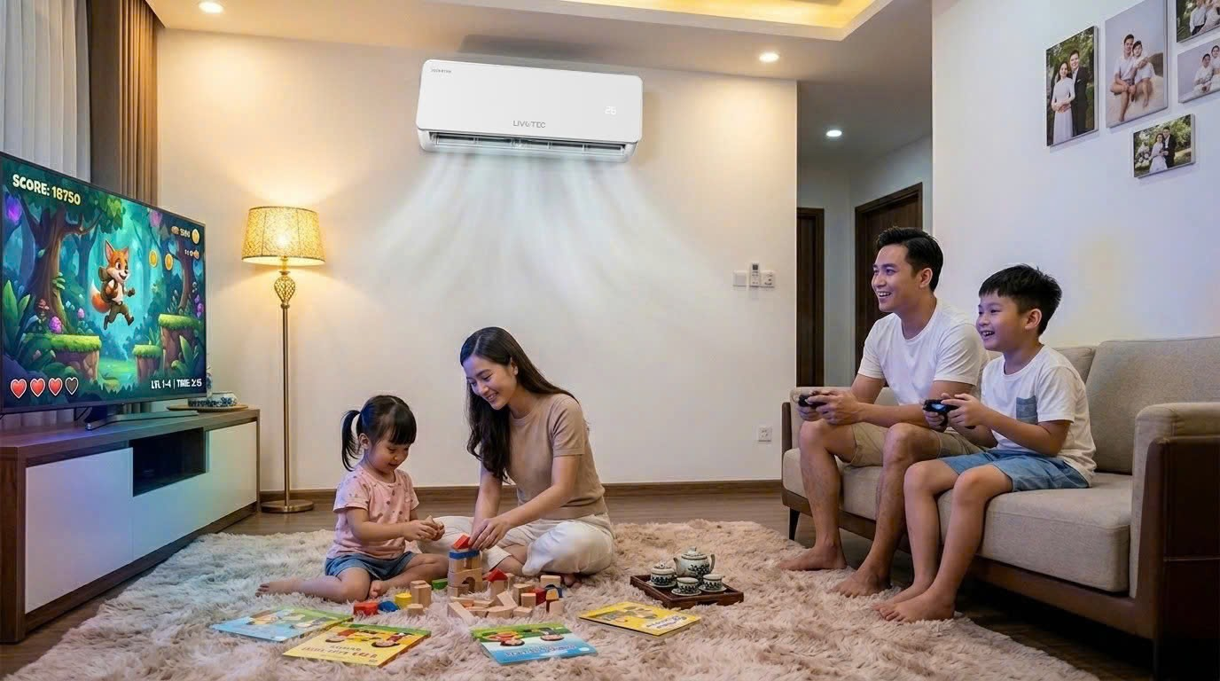 Anh Đạt và con trai chơi game vui vẻ với điều hòa mát lạnh Livorec Inverter DHV-Series mới dù ngoài trời nóng
