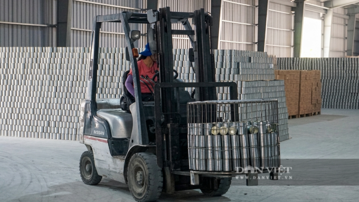 Sản phẩm từ quả dứa sauu khi được chế biến, đóng hộp, dán nhãn và đóng thùng để xuất khẩu ra nước ngoài. Ảnh: Hoàng Hữu.
