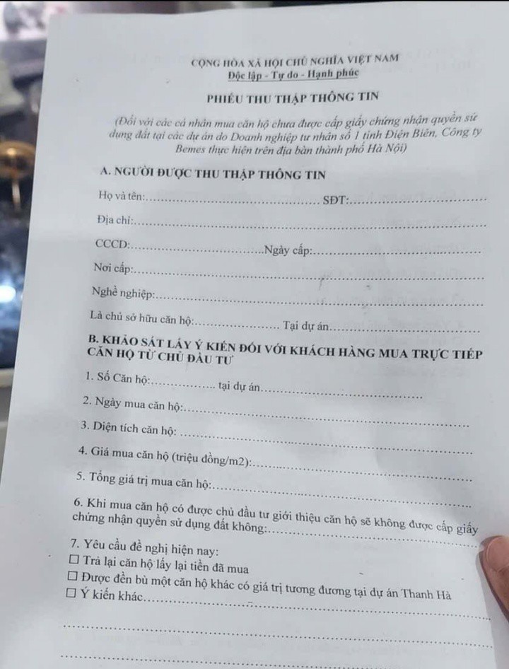 Phiếu khảo sát lấy ý kiến người dân chung cư Linh Đàm.