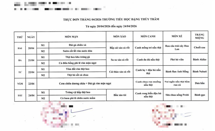 Thực đơn bữa ăn trong tuần tại Trường Tiểu học Đặng Thuỳ Trâm