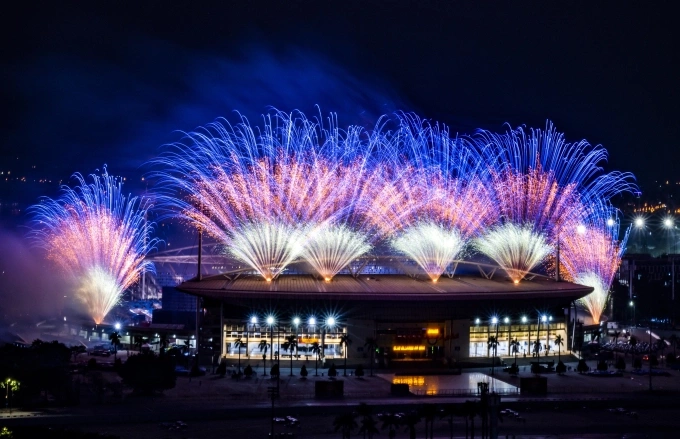 Điểm bắn pháo hoa trên mái khán đài B sân vận động Mỹ Đình dịp 23/1. Ảnh: Sun Group