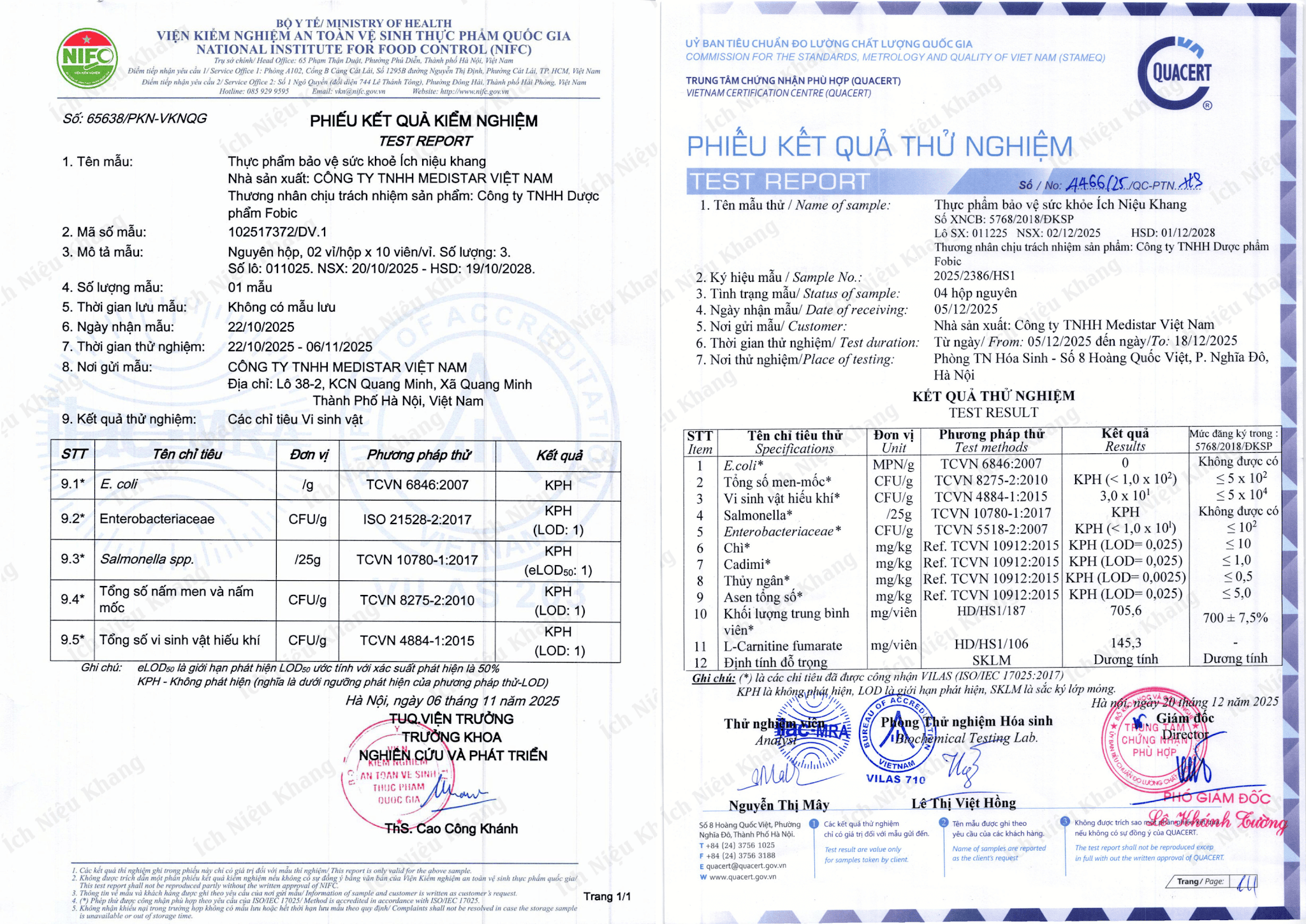 Tất cả các lô được kiểm nghiệm độc lập tại các cơ quan uy tín của Bộ y tế