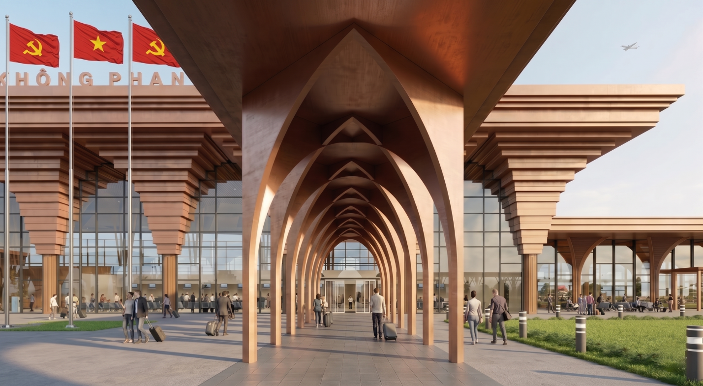Nhà ga hành khách sân bay Phan Thiết rộng 18.000 m² với thiết kế lấy cảm hứng từ văn hóa bản địa Champa