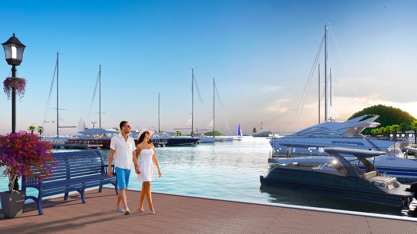 Các tiện ích cao cấp như bến du thuyền, sân tập golf,… sẽ mang đến trải nghiệm xứng tầm cho khách du lịch cao cấp và giới nhà giàu tại Crystal Holidays Harbour Vân Đồn. Ảnh – Everland Group