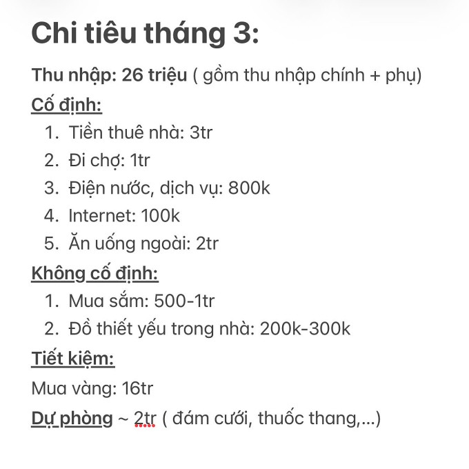 Bảng chi tiêu tháng gần nhất của Kim Ngân. Ảnh: NVCC
