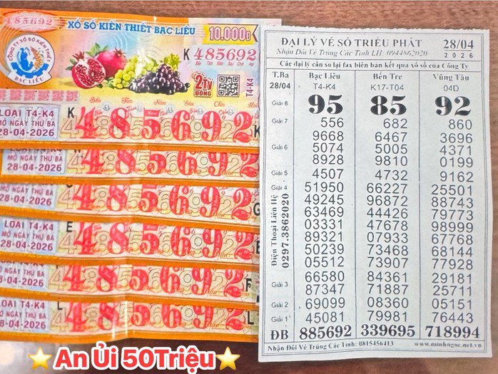 Giải an ủi của vé số Bạc Liêu trúng tại tỉnh An Giang. Ảnh: ĐLVS Triều Phát